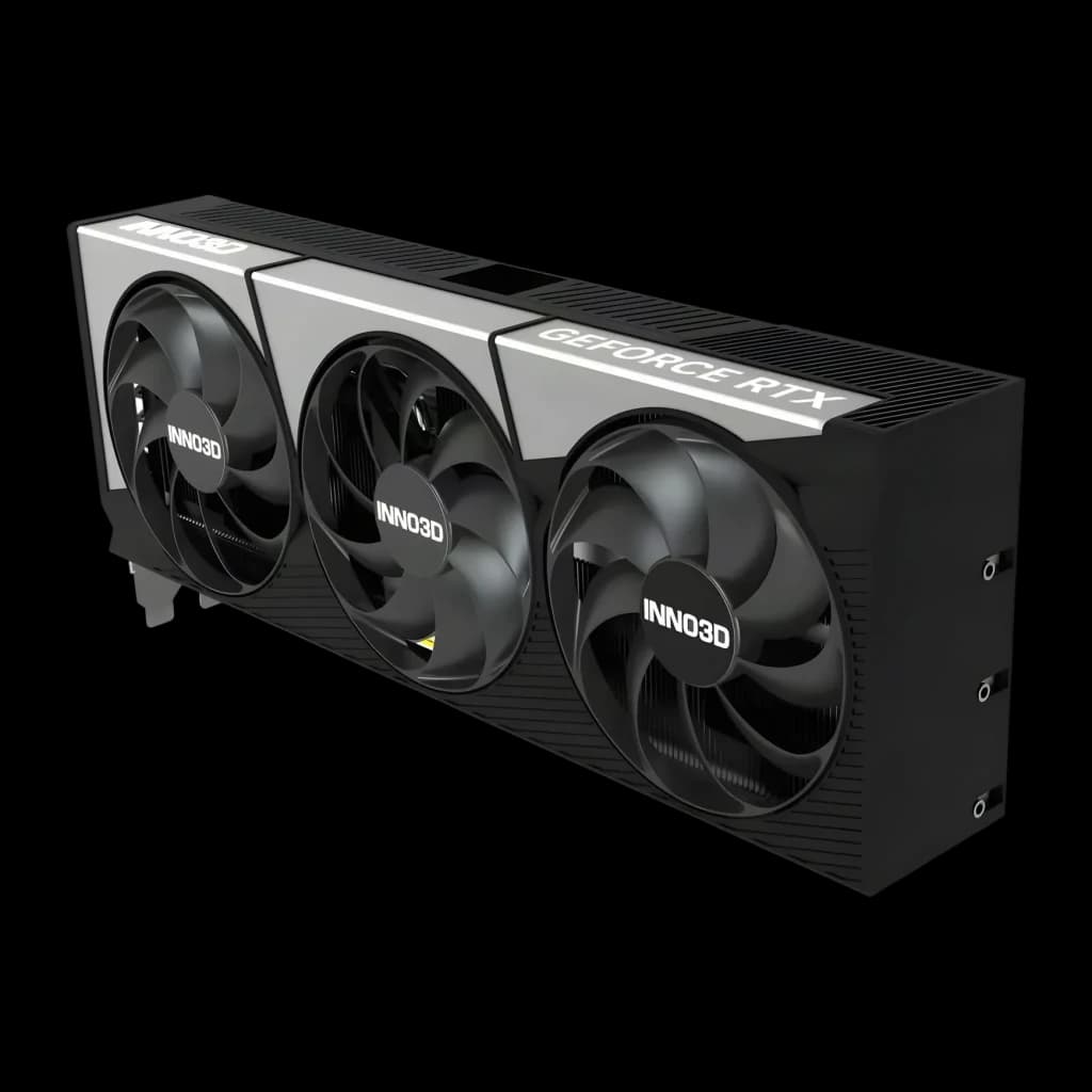Inno3D GeForce RTX 5080 X3 OC 16GB GDDR7 Negro, detalle: vista en perspectiva de los tres ventiladores y shroud gris