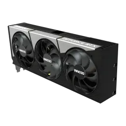 Inno3D GeForce RTX 5080 X3 OC 16GB GDDR7 Negro, detalle: vista en perspectiva de los tres ventiladores y shroud gris