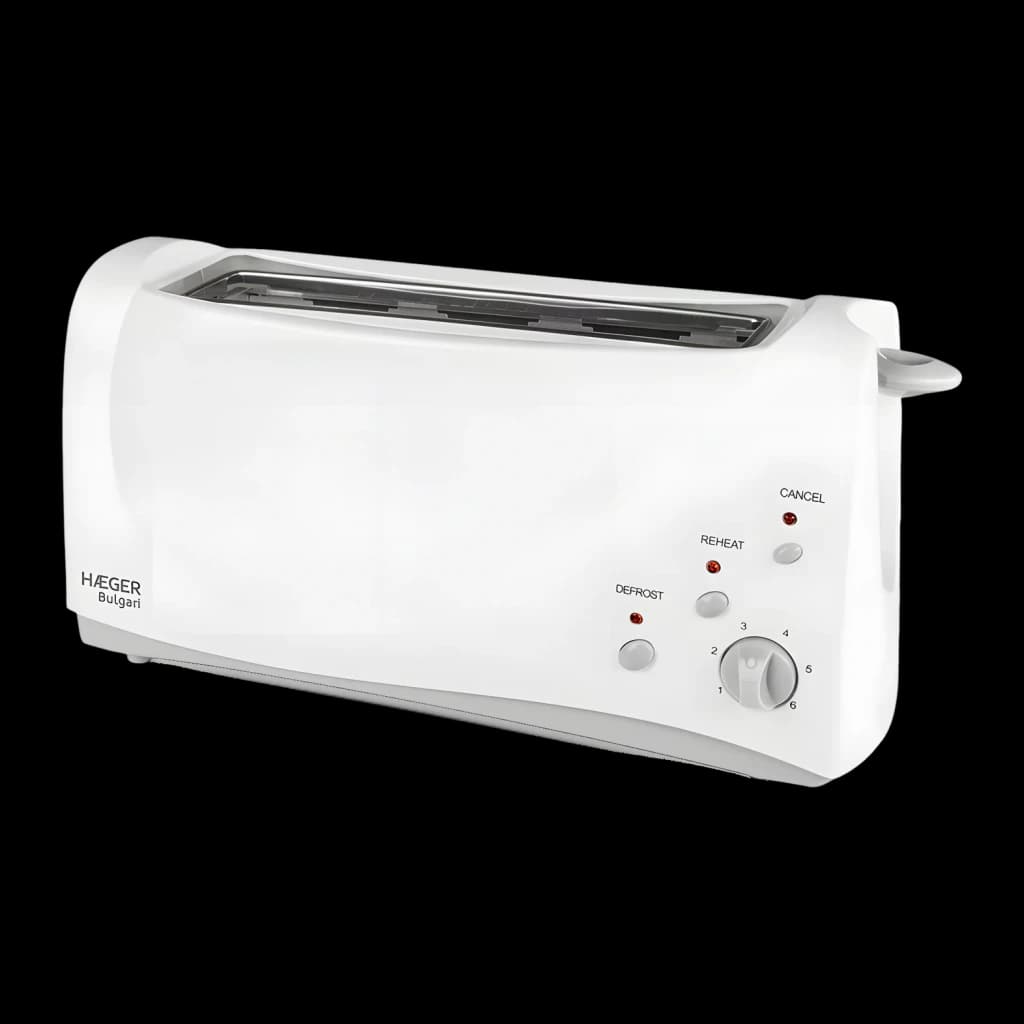 Grille-pain Haeger Bulgari 6 1000W 1 Fente Blanc, vue de face: fente longue, molette 6 niveaux, boutons Defrost, Reheat
