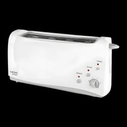 Grille-pain Haeger Bulgari 6 1000W 1 Fente Blanc, vue de face: fente longue, molette 6 niveaux, boutons Defrost, Reheat