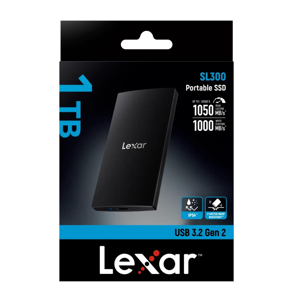 SSD Portátil Lexar SL300 1TB USB 3.2 Gen 2 IP54 USB-C Preto, conteúdo da caixa: embalagem frontal com SSD preto, velocidades