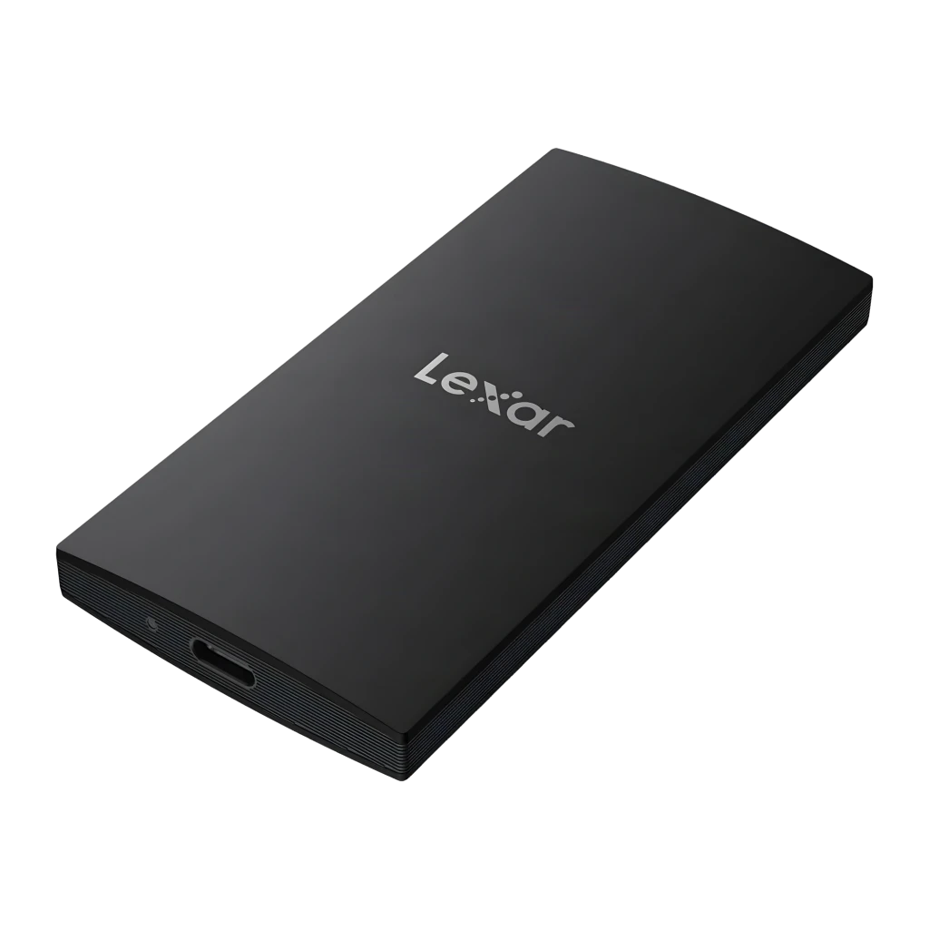 SSD Portátil Lexar SL300 1TB USB 3.2 Gen 2 IP54 USB-C Preto, detalhe: vista isométrica superior com logo Lexar e porta USB-C