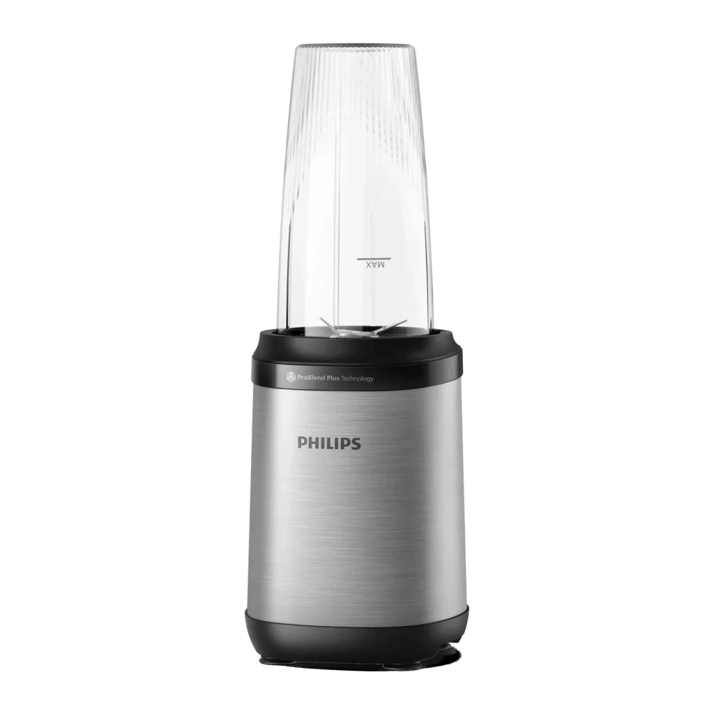 Blender Philips 5000 Series 0,7L 800W 3 Vitesses Noir/Acier inoxydable HR2764/00, vue de face: base cylindrique en acier