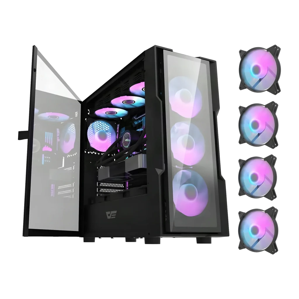 Boîtier PC Darkflash DK431 Verre Trempé E-ATX 4 Ventilateurs ARGB Noir, détail: panneau latéral ouvert révélant l'intérieur