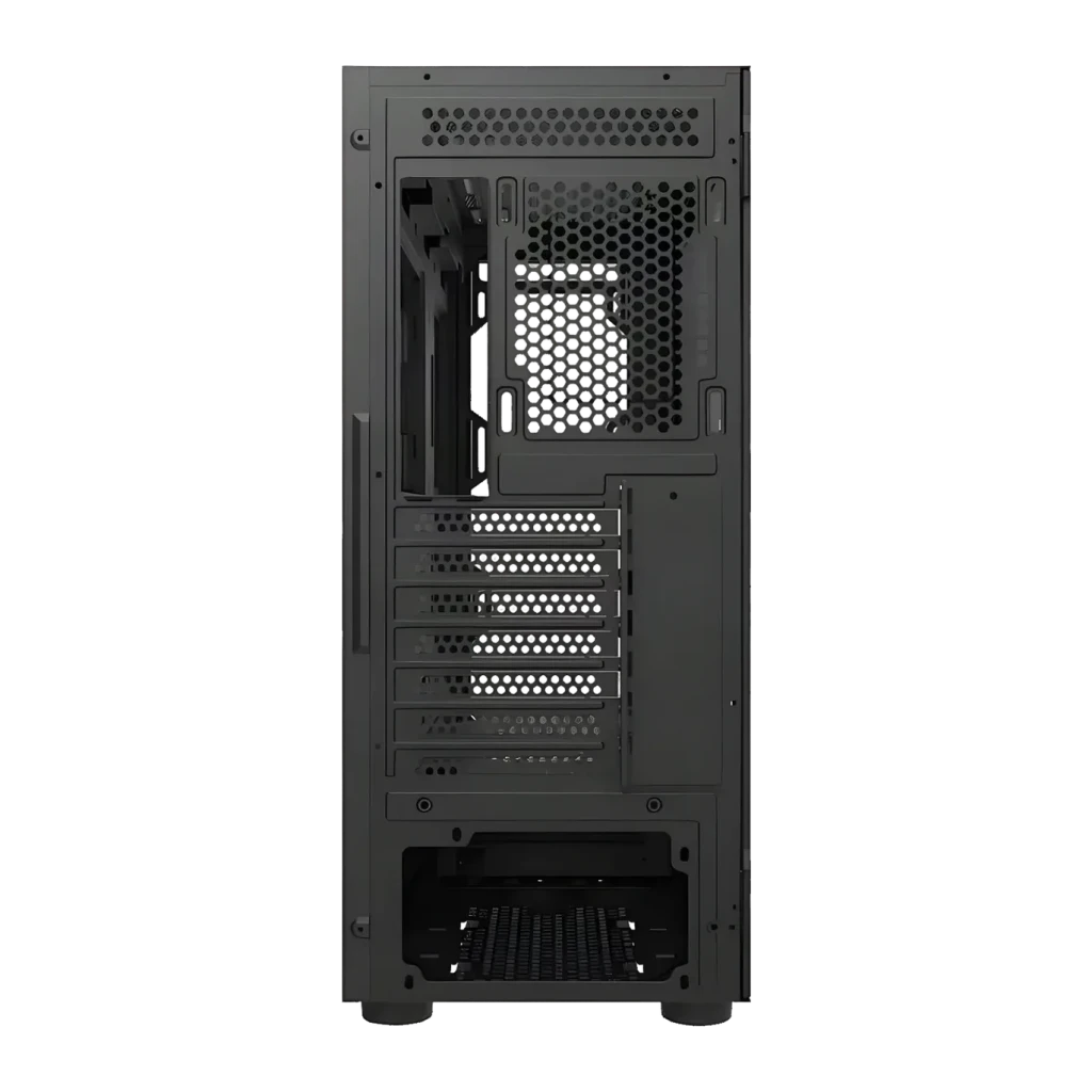 Boîtier PC Darkflash DK431 Verre Trempé E-ATX 4 Ventilateurs ARGB Noir, vue arrière: grille hexagonale, slots d'extension