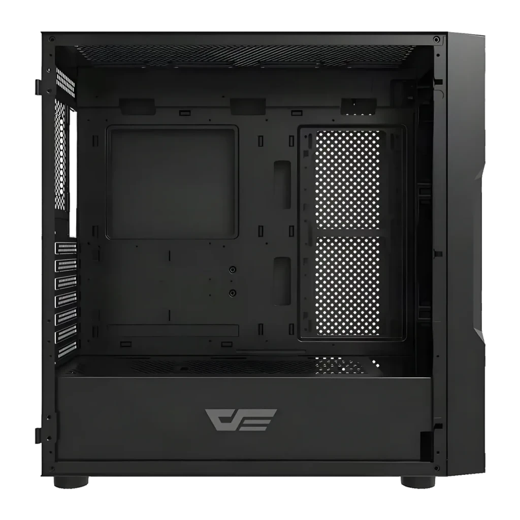 Boîtier PC Darkflash DK431 Verre Trempé E-ATX 4 Ventilateurs ARGB Noir, détail: intérieur noir avec plateau carte mère