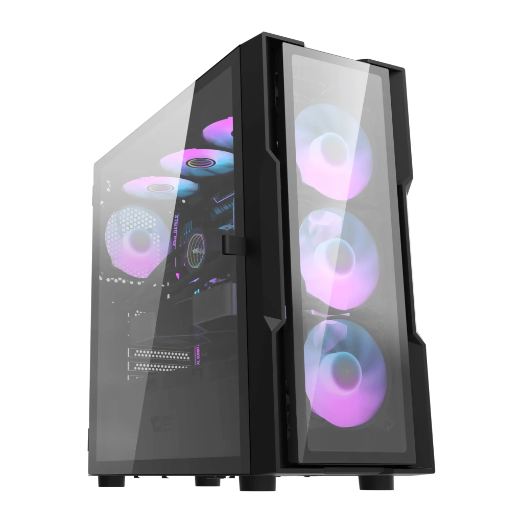 Boîtier PC Darkflash DK431 Verre Trempé E-ATX 4 Ventilateurs ARGB Noir, vue avant: panneaux en verre trempé avec 4