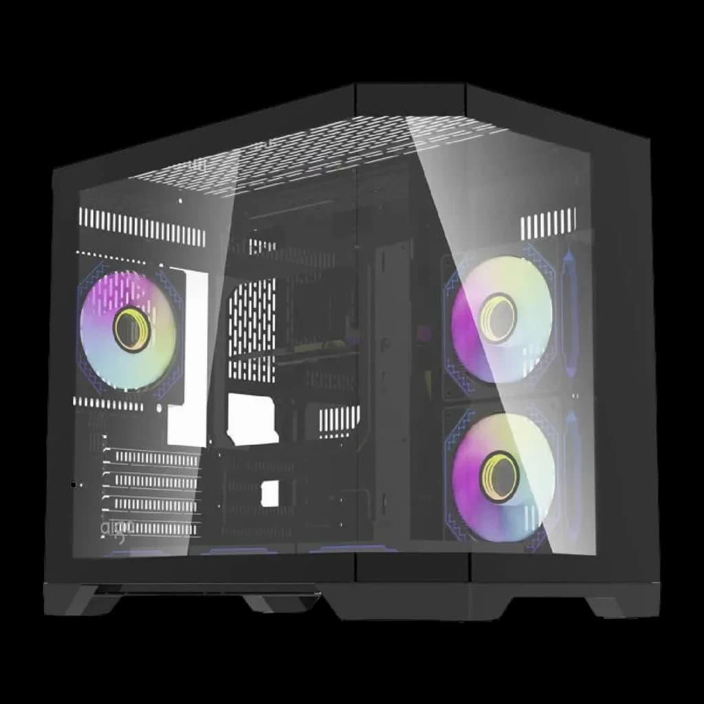 Caixa PC Darkflash FT418 Mini Tower 3 Painéis Vidro Temperado M-ATX/ITX 6 Ventoinhas ARGB Preto, vista frontal: painéis