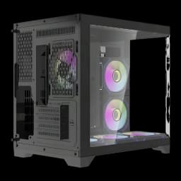Caixa PC Darkflash FT418 Mini Tower 3 Painéis Vidro Temperado M-ATX/ITX 6 Ventoinhas ARGB Preto, vista traseira: painel