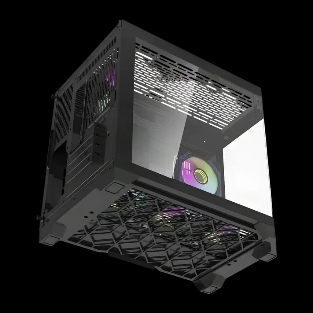 Caixa PC Darkflash FT418 Mini Tower 3 Painéis Vidro Temperado M-ATX/ITX 6 Ventoinhas ARGB Preto, detalhe: vista inferior