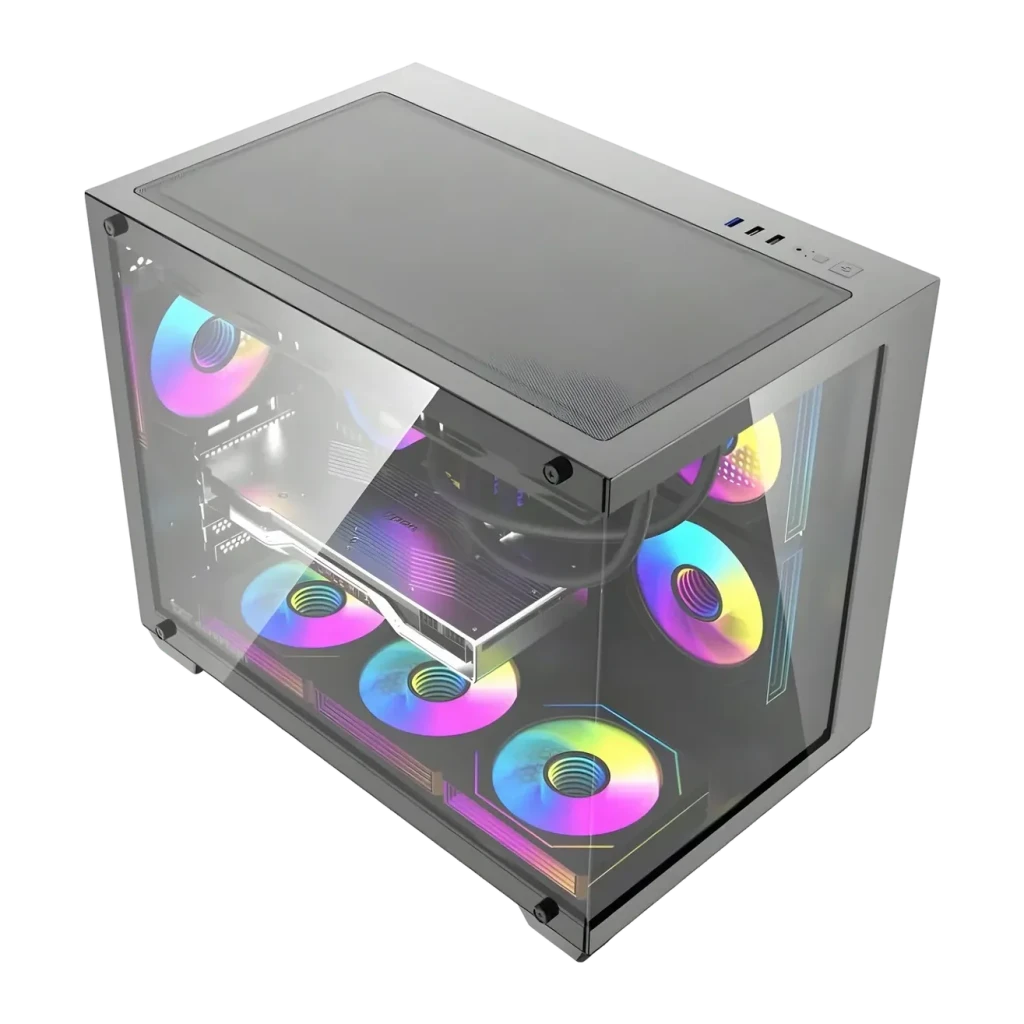 Boîtier PC Darkflash B275 PRO Verre Trempé 270° M-ATX / ITX Noir, détail: vue isométrique avec 6 ventilateurs ARGB