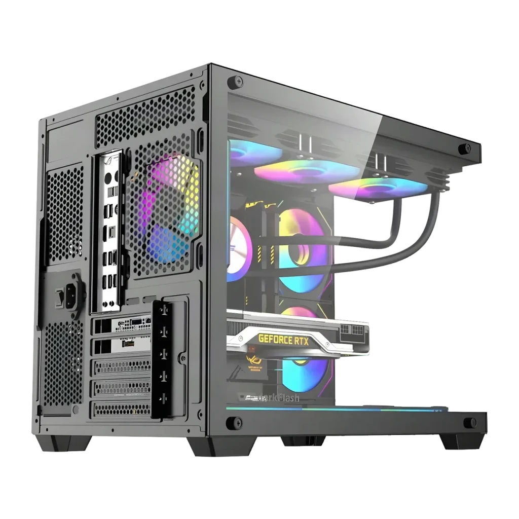 Boîtier PC Darkflash B275 PRO Verre Trempé 270° M-ATX / ITX Noir, détail: intérieur avec ventilateurs RGB, watercooling