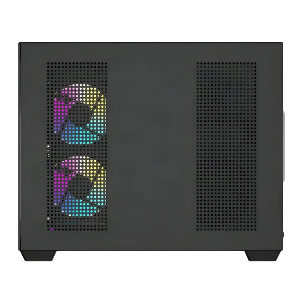Boîtier PC Darkflash B275 PRO Verre Trempé 270° M-ATX / ITX Noir, détail: panneau latéral perforé avec 2 ventilateurs ARGB