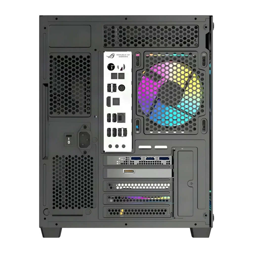 Boîtier PC Darkflash B275 PRO Verre Trempé 270° M-ATX / ITX Noir, vue arrière: panneau perforé, ventilateur RGB et carte