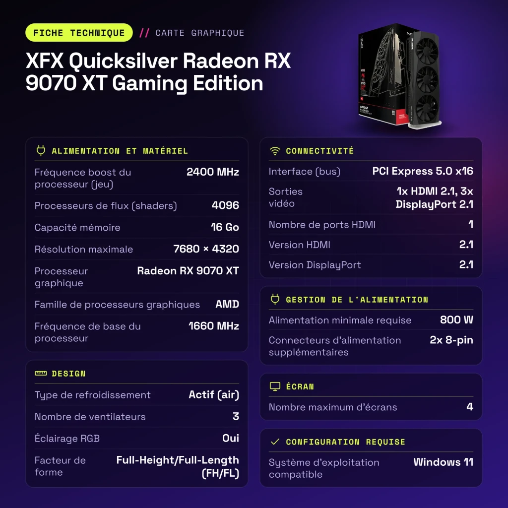XFX Quicksilver Radeon RX 9070 XT Gaming Edition 16GB GDDR6 Preto - características