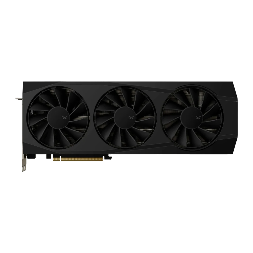XFX Quicksilver Radeon RX 9070 XT Gaming Edition 16GB GDDR6 Preto, detalhe frontal: três ventoinhas com logo X e conector
