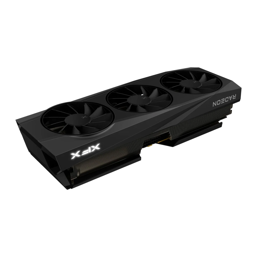 XFX Quicksilver Radeon RX 9070 XT Gaming Edition 16GB GDDR6 Preto, vista frontal: três ventoinhas, logótipo XFX iluminado
