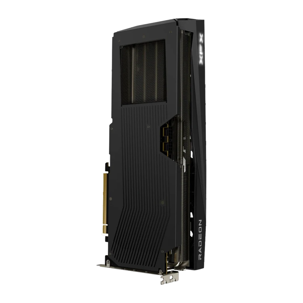 XFX Quicksilver Radeon RX 9070 XT Gaming Edition 16GB GDDR6 Preto, vista traseira: backplate estriado preto, conectores