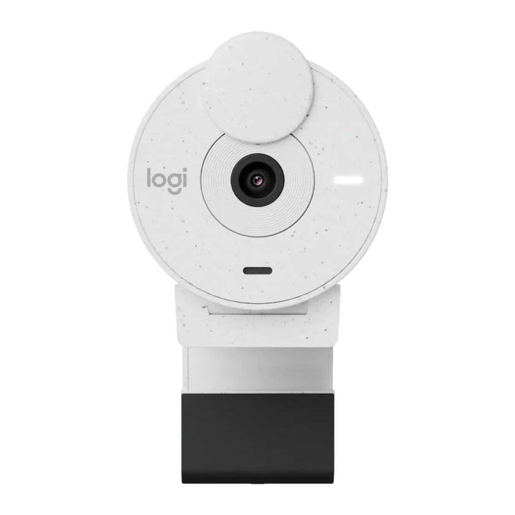 Webcam Logitech Brio 300 Full HD Microphone USB-C Blanc, vue avant: objectif central, cache vie privée, logo logi et clip