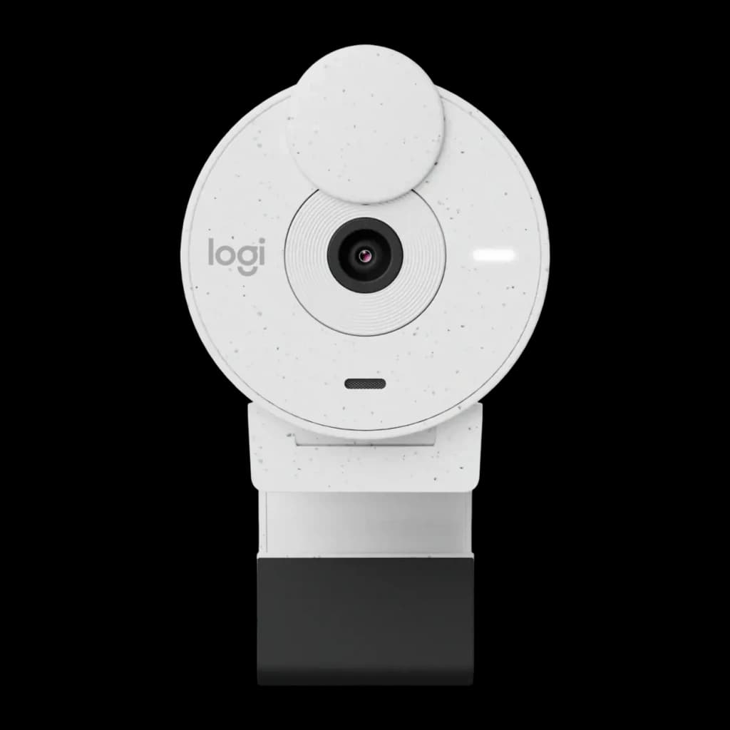 Webcam Logitech Brio 300 Full HD Microphone USB-C Blanc, vue avant: objectif central, cache vie privée, logo logi et clip