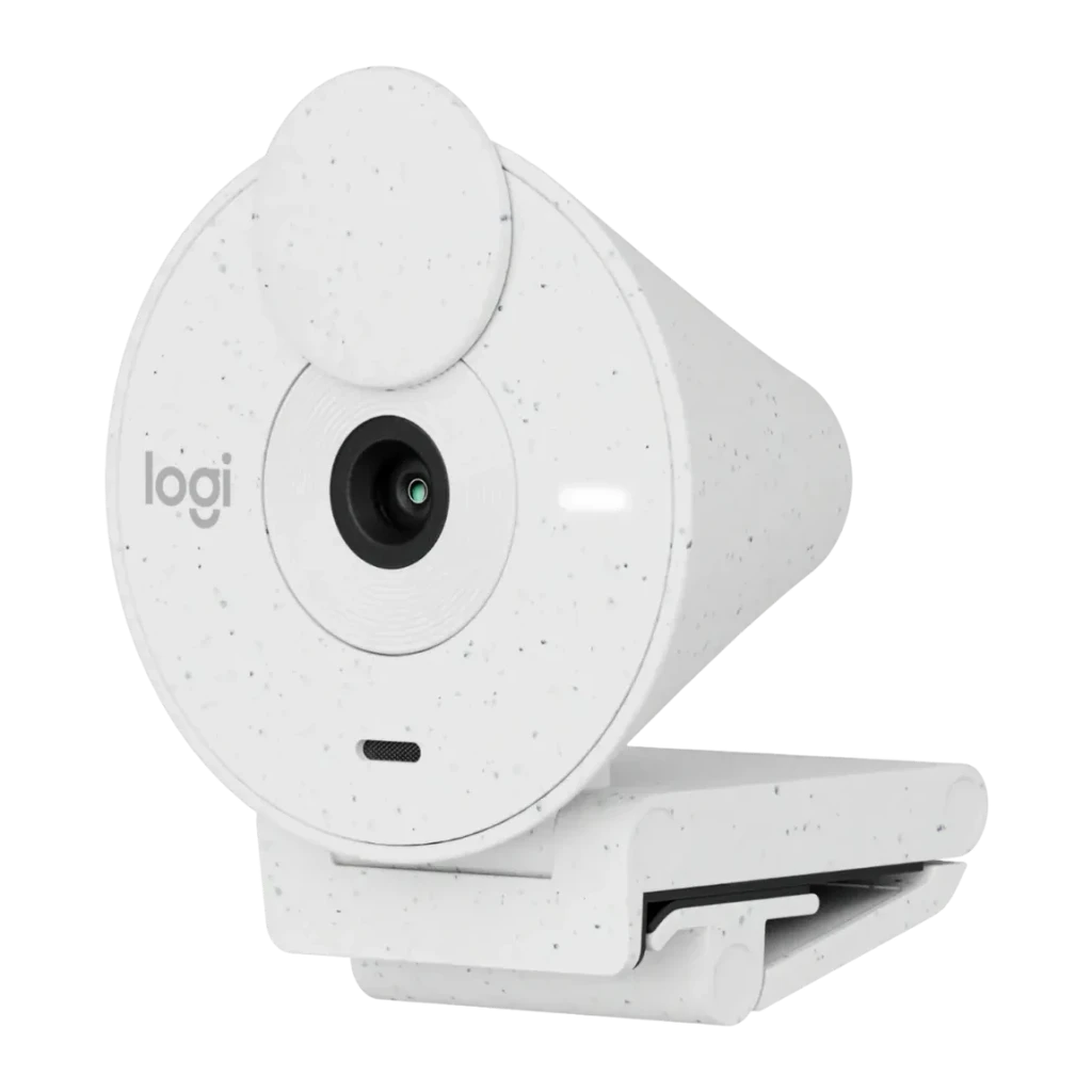 Webcam Logitech Brio 300 Full HD Microphone USB-C Blanc, détail: vue en angle montrant l'objectif, le micro et le clip