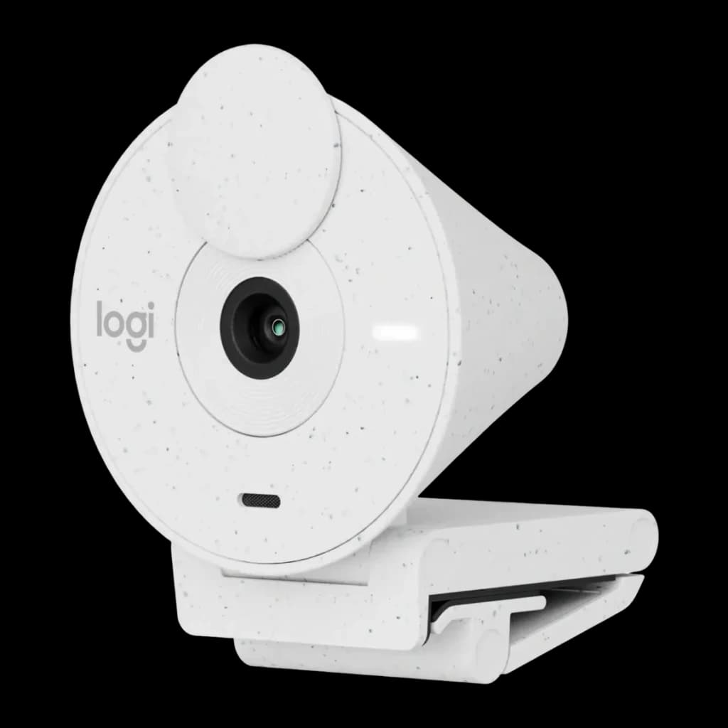 Webcam Logitech Brio 300 Full HD Microphone USB-C Blanc, détail: vue en angle montrant l'objectif, le micro et le clip