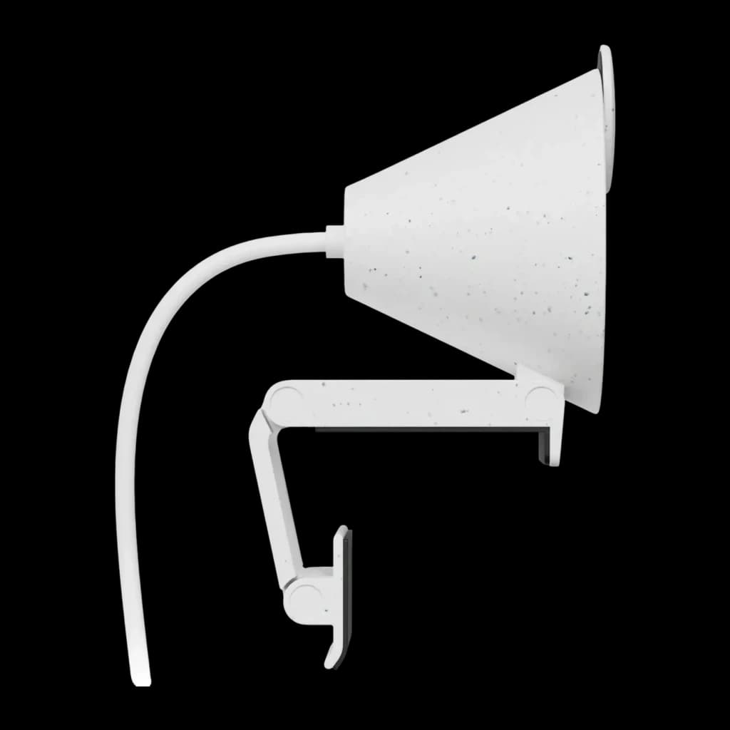 Webcam Logitech Brio 300 Full HD Microphone USB-C Blanc, détail latéral: clip articulé de fixation et texture mouchetée