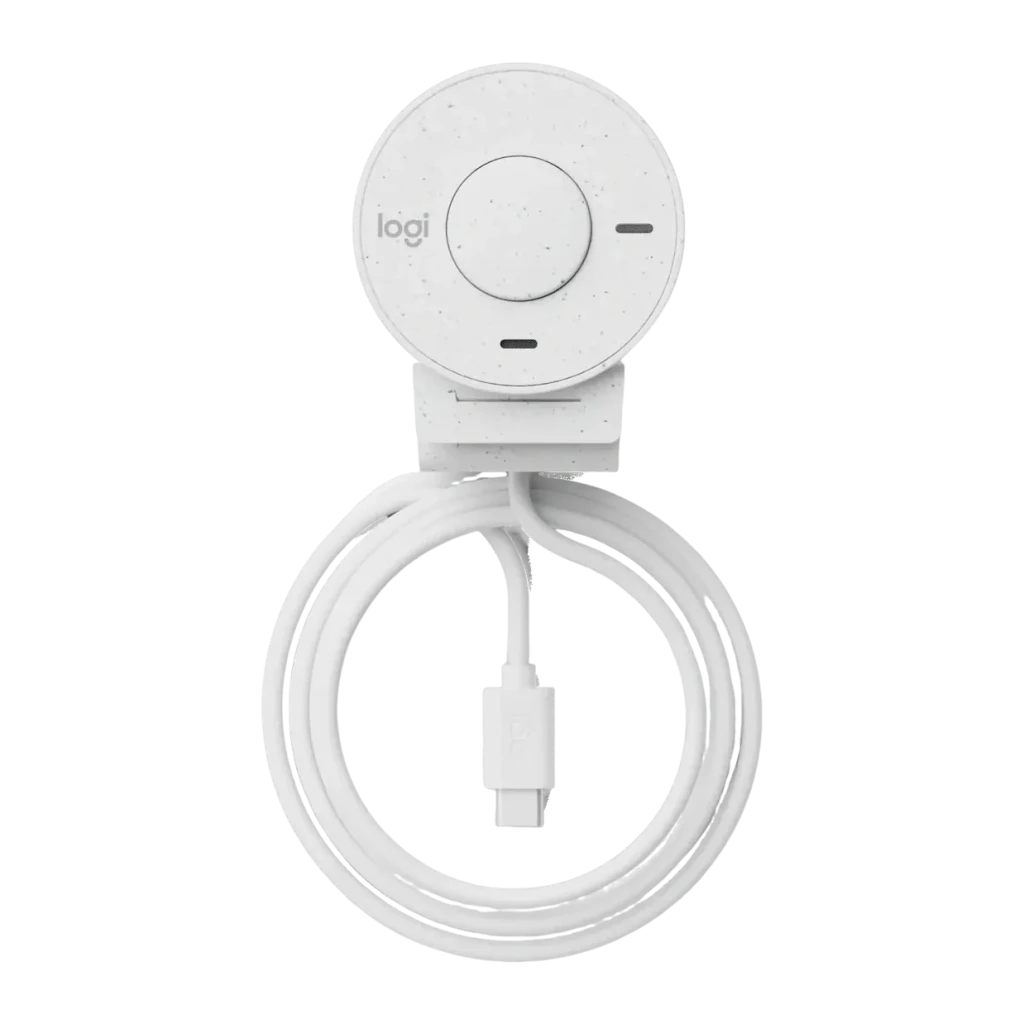 Webcam Logitech Brio 300 Full HD Microphone USB-C Blanc, vue arrière: dos avec logo logi, clip de fixation et câble USB-C