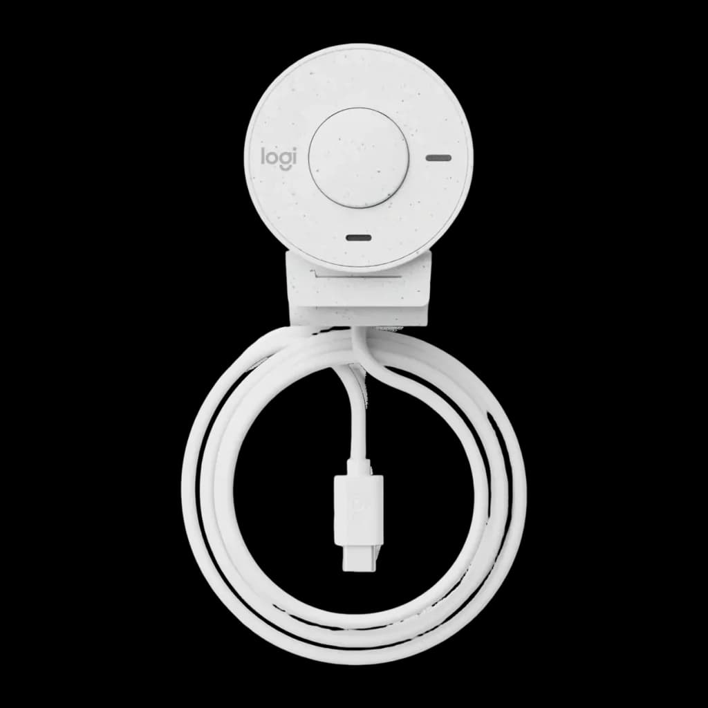 Webcam Logitech Brio 300 Full HD Microphone USB-C Blanc, vue arrière: dos avec logo logi, clip de fixation et câble USB-C