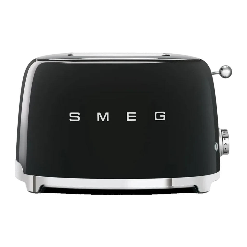 Torradeira SMEG 950W 2 Ranhuras Preto Brilhante TSF01BLEU, vista frontal: logótipo SMEG cromado, alavanca e dial laterais