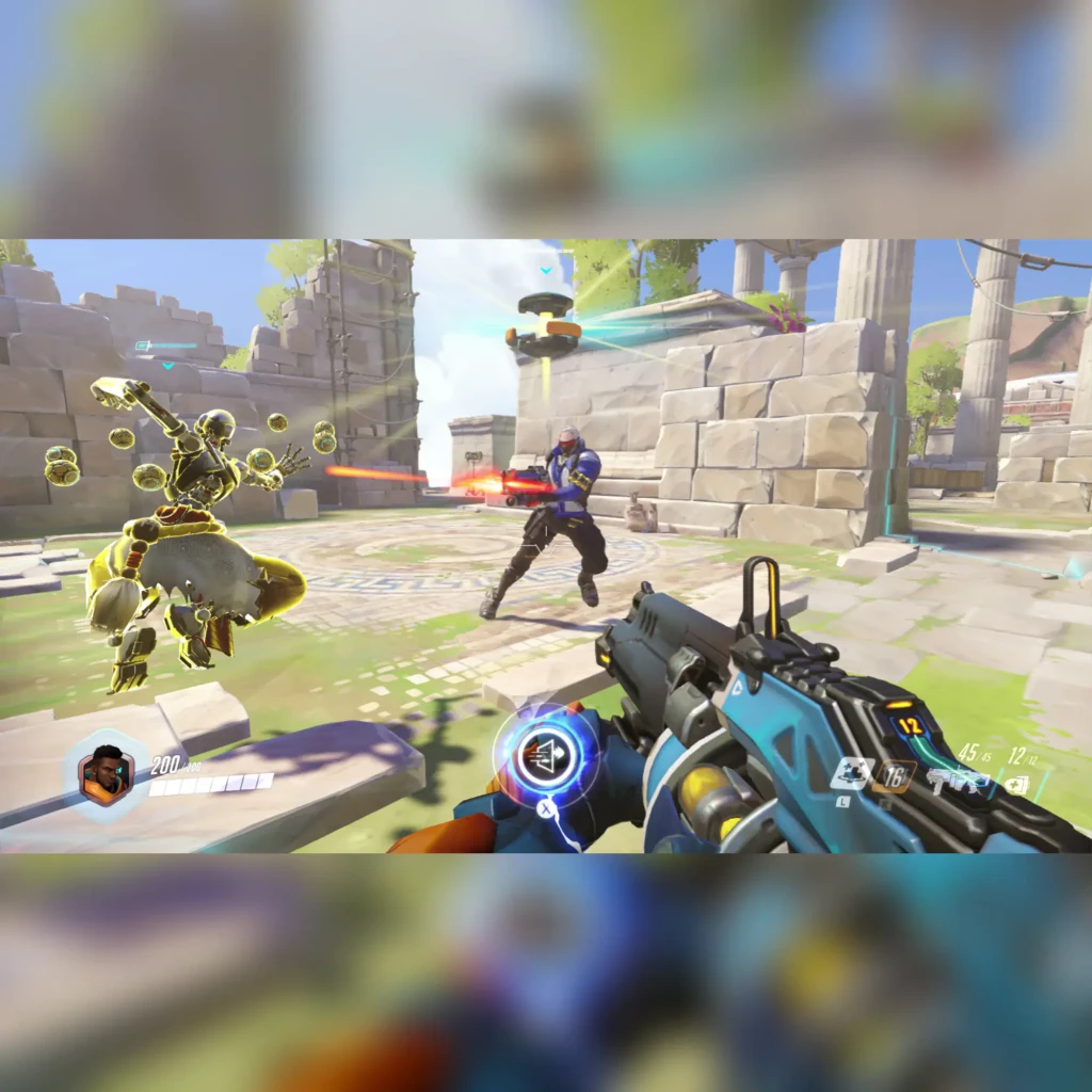 Videojogo Blizzard Overwatch Legendary Edition Nintendo Switch, em uso: captura gameplay primeira pessoa com Tracer