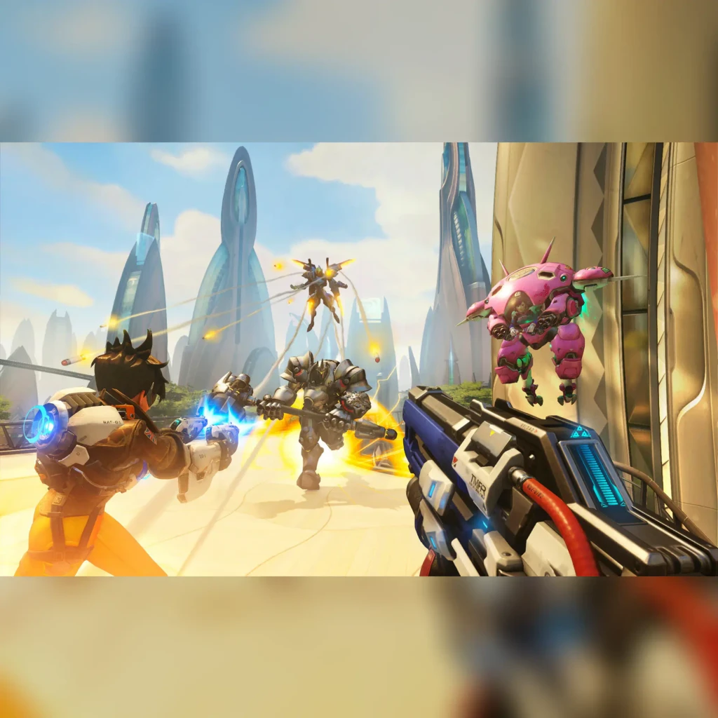 Videojogo Blizzard Overwatch Legendary Edition Nintendo Switch, em uso: captura de gameplay com Tracer, Reinhardt e D.Va
