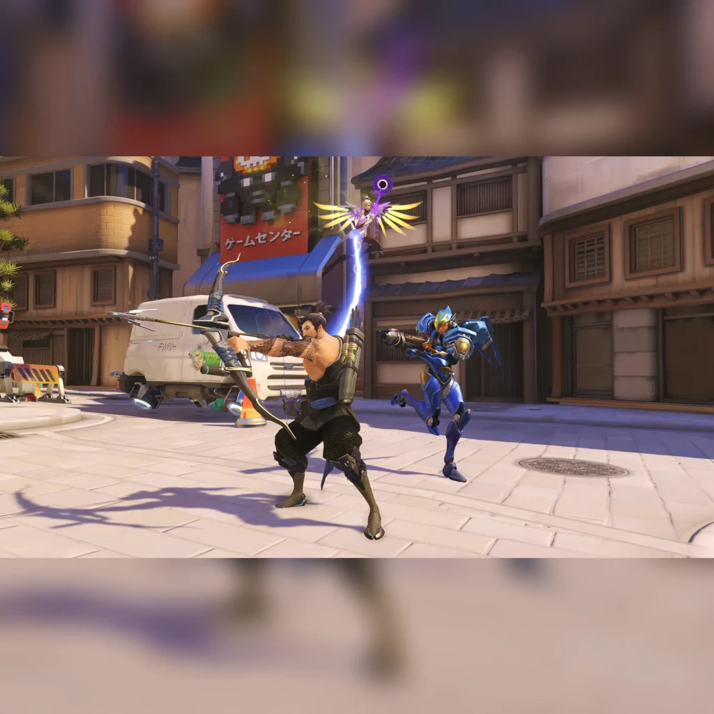 Videojogo Blizzard Overwatch Legendary Edition Nintendo Switch, em uso: Hanzo e Pharah em combate em cenário urbano japonês