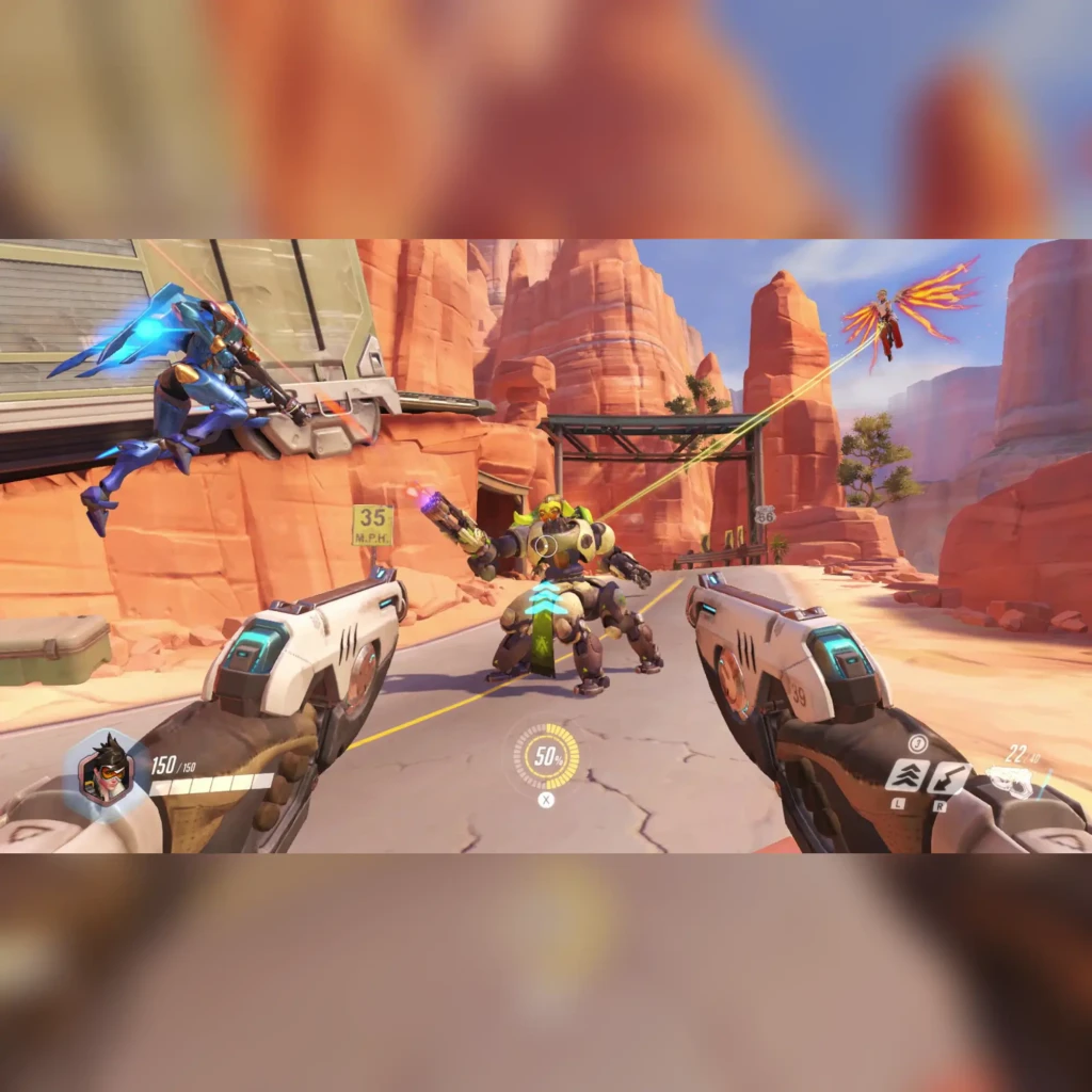Videojogo Blizzard Overwatch Legendary Edition Nintendo Switch, em uso: gameplay em primeira pessoa com Tracer, Orisa