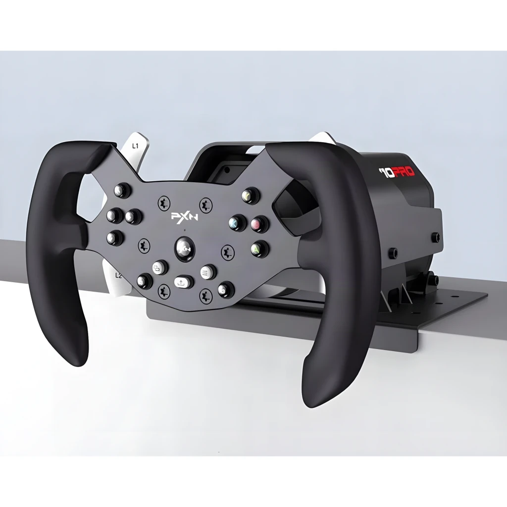 Aro de Volante PXN 270mm PC/PS4/Xbox One/Xbox Series X|S 270°/900° Preto W-V10F, em uso: montado na base V10 PRO sobre mesa