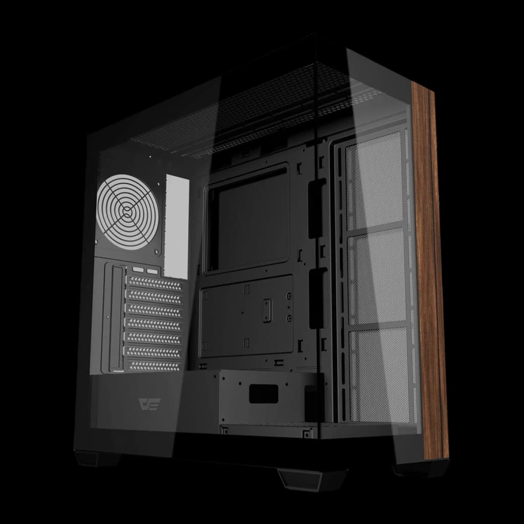 Caixa PC Darkflash Cristal Panorâmico 270° ATX 360mm Preto DS900W, vista frontal: painel de vidro temperado, ventoinha