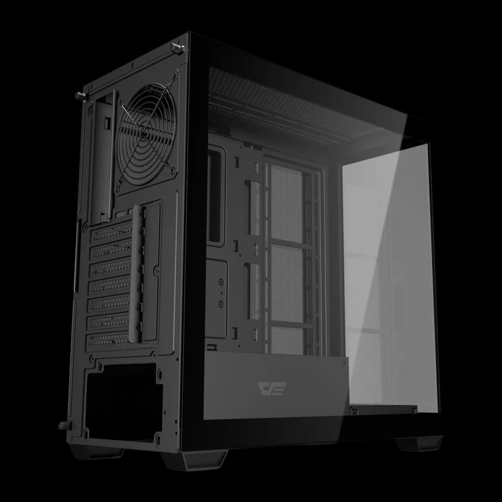 Caixa PC Darkflash Cristal Panorâmico 270° ATX 360mm Preto DS900W, vista traseira: painel traseiro com ventoinha, slots PCIe