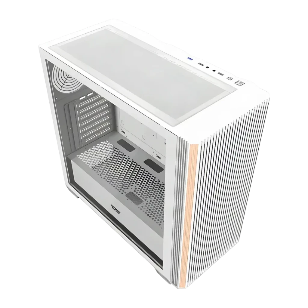 Boîtier PC Darkflash Verre Trempé ATX 360mm Sans Ventilateurs Blanc DS900WS, détail: vue en perspective haute avec panneau