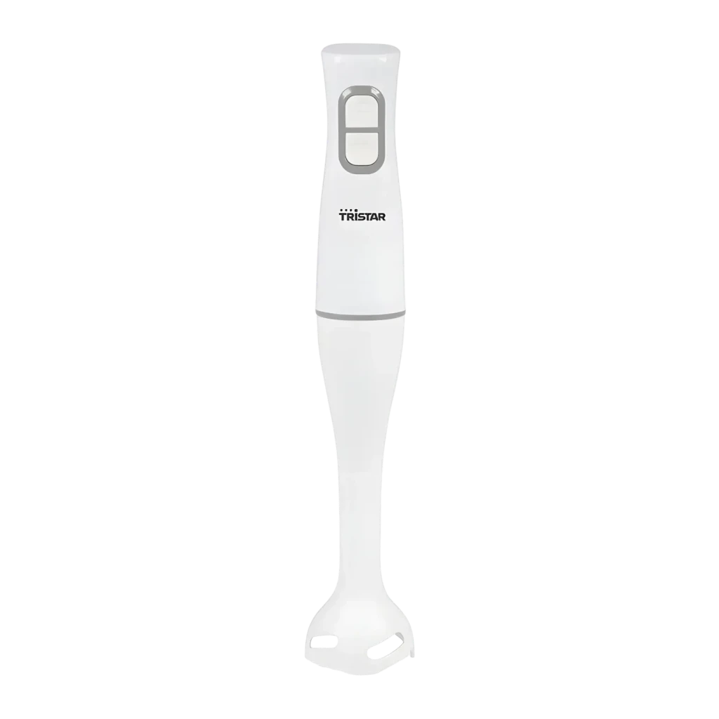 Batidora de mano TriStar 350W 2 Velocidades Blanco MX-4850, vista frontal: cuerpo blanco completo, 2 botones grises y pie