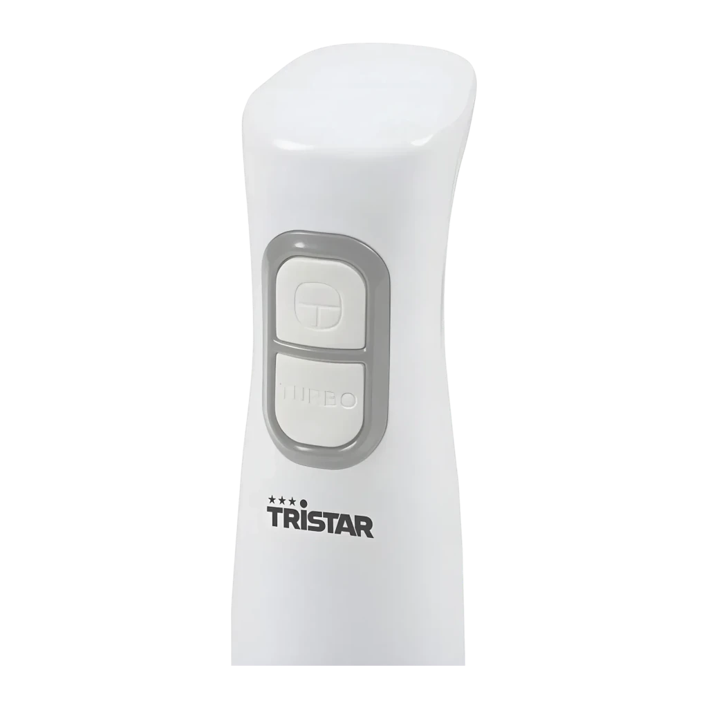 Batidora de mano TriStar 350W 2 Velocidades Blanco MX-4850, detalle: botones de velocidad y turbo con marco gris sobre mango
