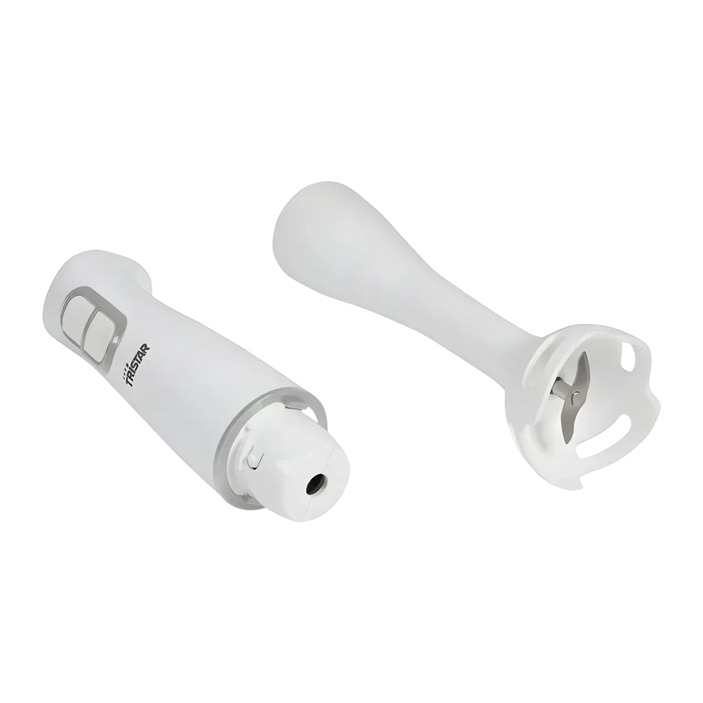 Batidora de mano TriStar 350W 2 Velocidades Blanco MX-4850, detalle: cuerpo con botones y accesorio de cuchillas desmontado