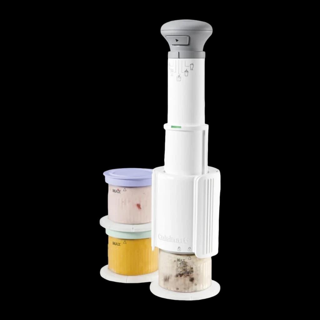 Machine à glace Cuisinart 0,24l Blanc ICEFD10E, vue de face: corps vertical blanc avec capuchon gris et trois pots de glace