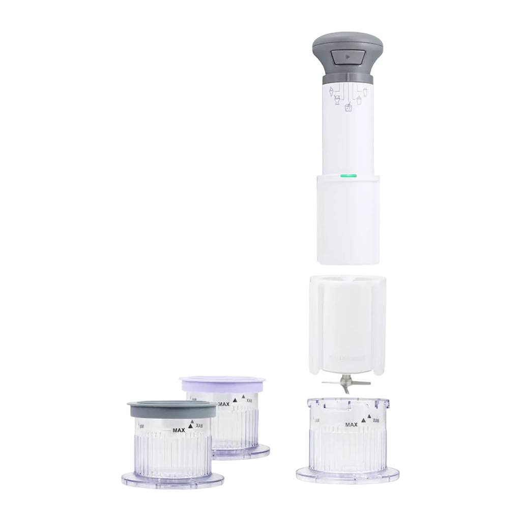 Machine à glace Cuisinart 0,24l Blanc ICEFD10E, détail: moteur, corps et trois bols transparents démontés sur fond noir