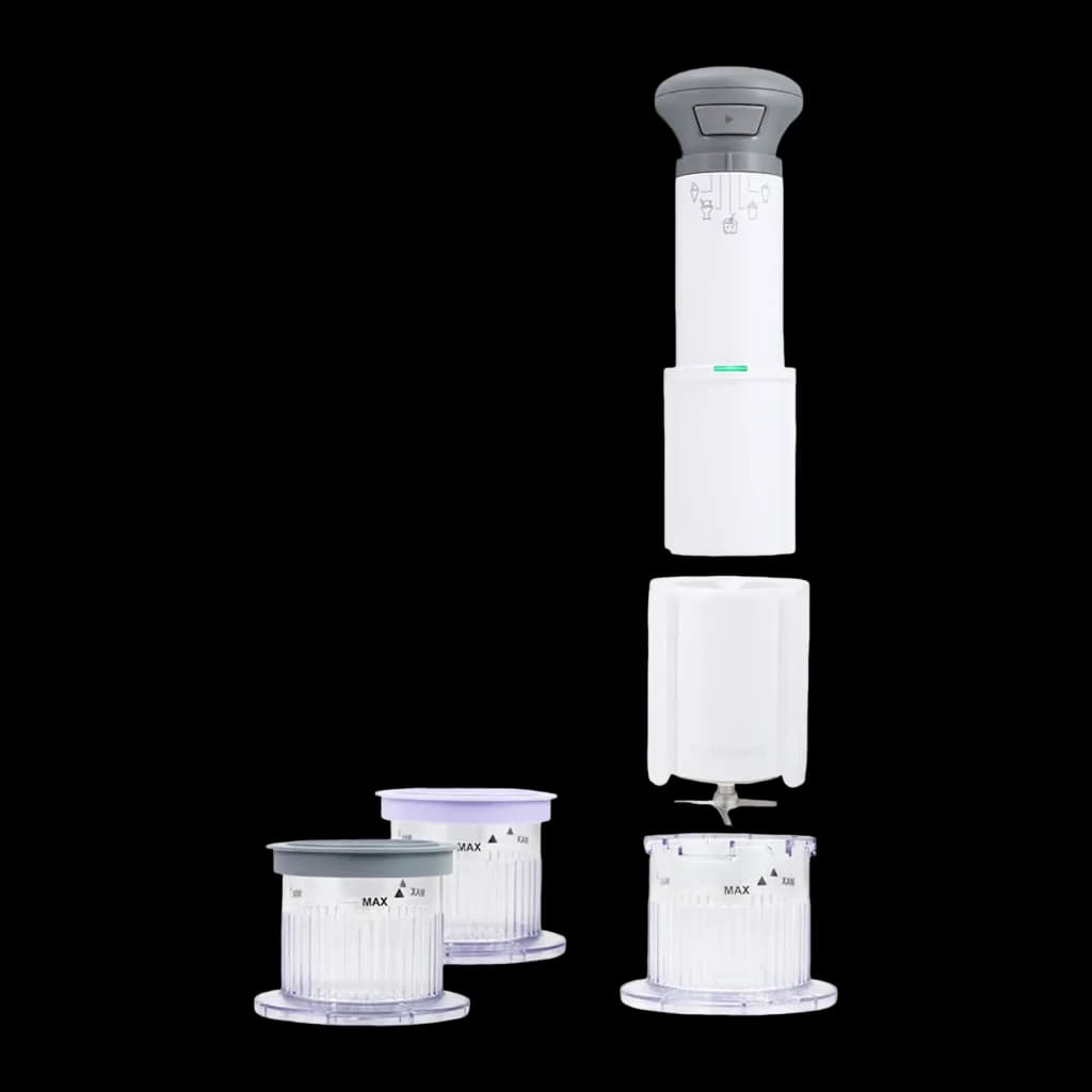 Machine à glace Cuisinart 0,24l Blanc ICEFD10E, détail: moteur, corps et trois bols transparents démontés sur fond noir