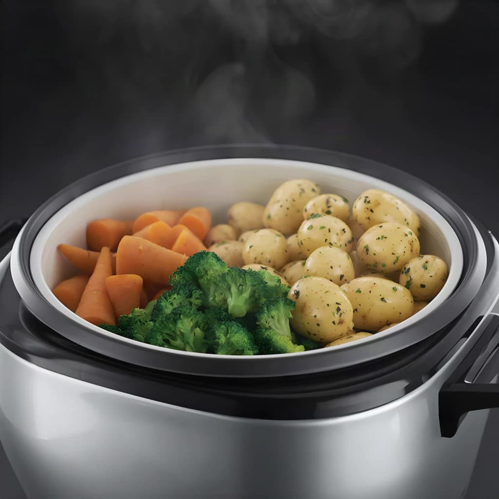 Cuiseur à riz Russell Hobbs Maxicook 5L 1000W Noir/Acier Inoxydable 23570-56, en utilisation: panier vapeur avec pommes