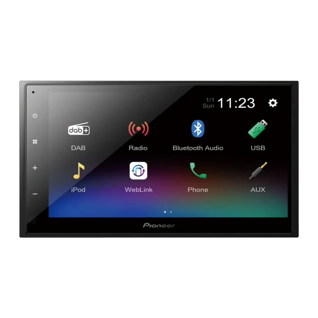 Autoradio Pioneer Noir Android Auto 6.8 pouces Tactile DMH-A340DAB, vue de face: écran avec icônes DAB, Radio, Bluetooth