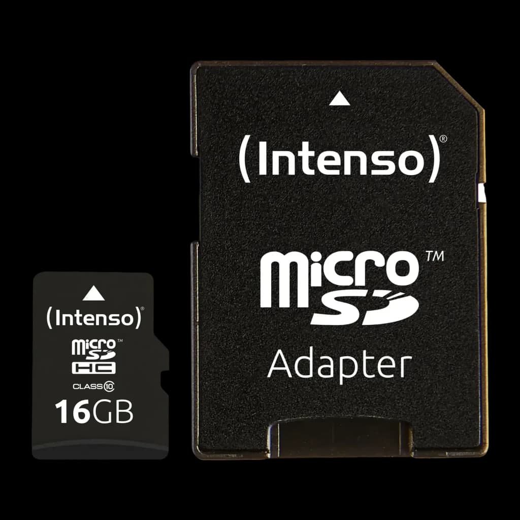 Tarjeta Intenso MicroSDHC Class 10 con Adaptador SD 16GB Negro, vista frontal: microSD y adaptador SD negros con logo