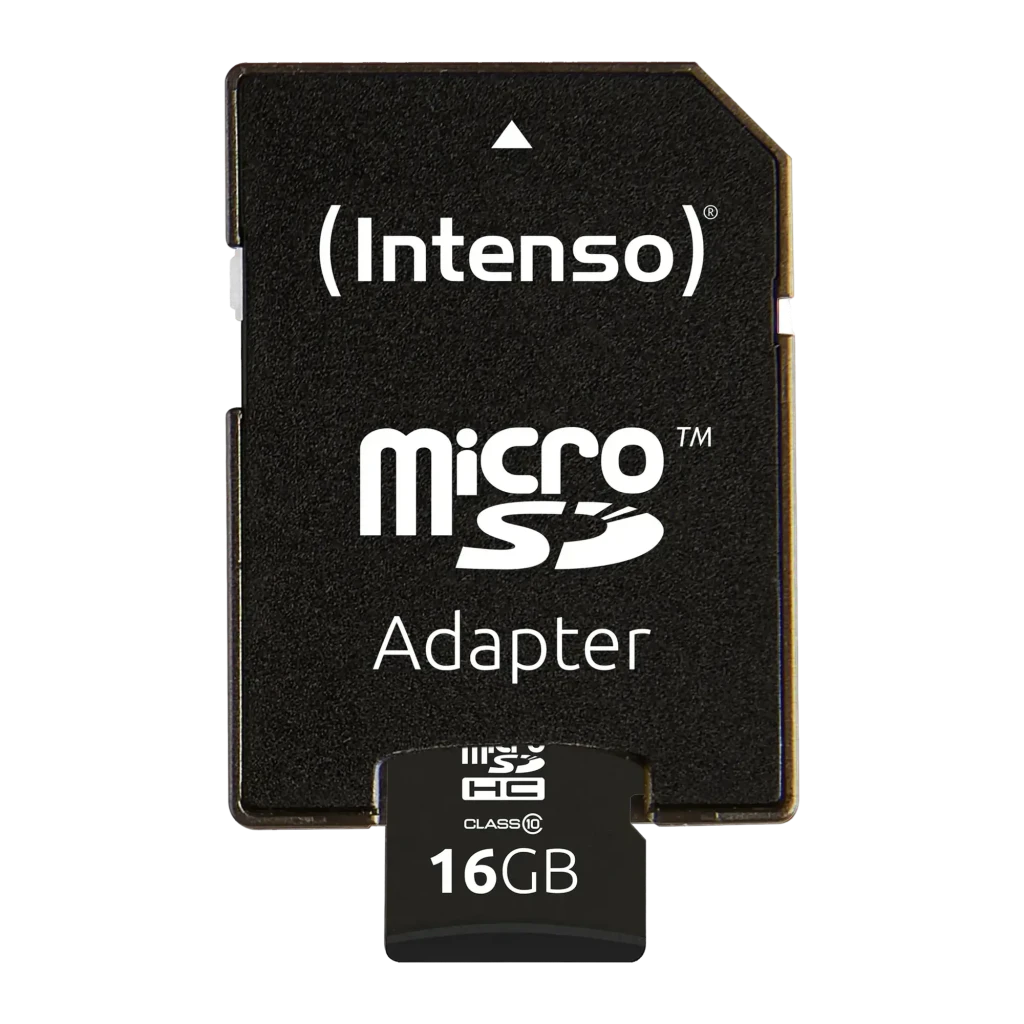 Tarjeta Intenso MicroSDHC Class 10 con Adaptador SD 16GB Negro, detalle: microSD extraída del adaptador, ambas caras