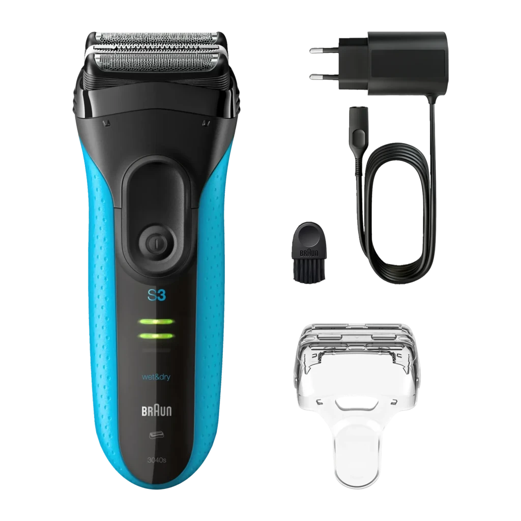 Máquina de Barbear Braun Series 3 3040 Seco e Molhado Lâminas Preto/Azul, detalhe: máquina, carregador, escova e cabeça