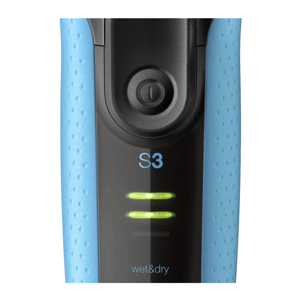 Máquina de Barbear Braun Series 3 3040 Seco e Molhado Lâminas Preto/Azul, detalhe: botão liga/desliga, logo S3, LEDs verdes